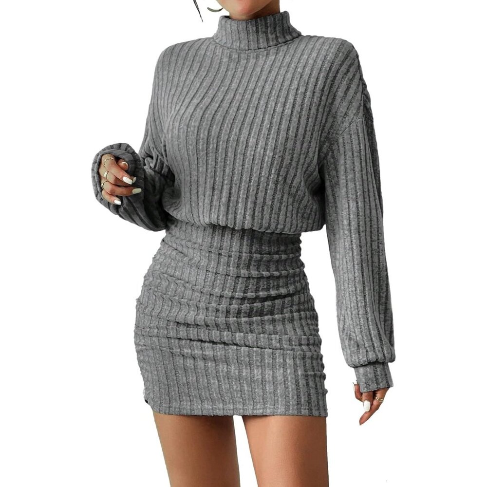 Women Ribbed Knit Sweater Grey Dress Lantern Sleeve Turtleneck Mini Bodycon